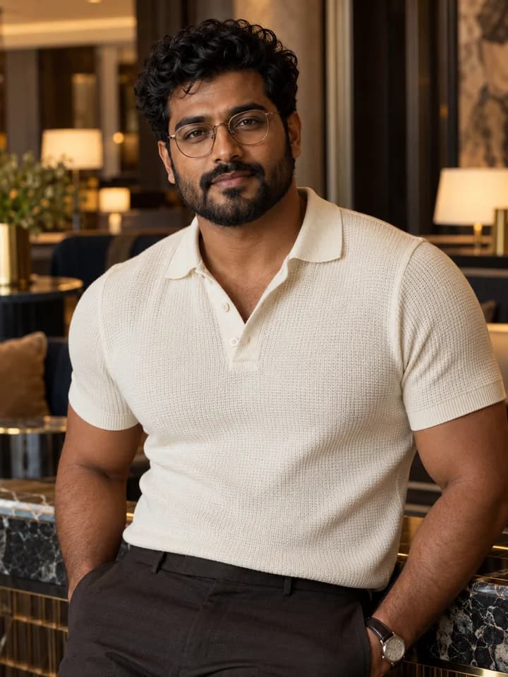 Adult South Asian man with curls and glasses wearing a cream polo in a hotel lounge