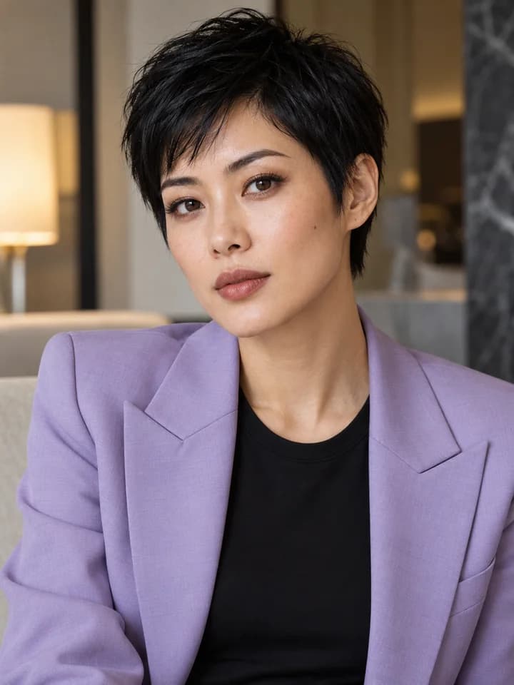 Adult woman with a black pixie haircut in a lavender blazer in a design hotel