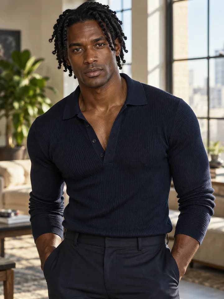Adult Black man with medium twists in a navy knit shirt in a sunlit loft