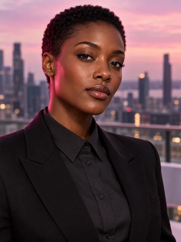 Adult Black woman with short natural hair in a tailored black blazer against a pink city skyline