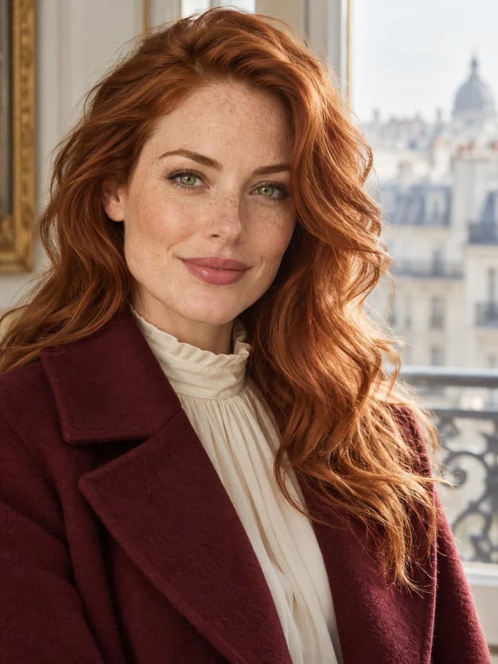 Red-haired adult woman in a burgundy coat in a sunlit Paris fashion portrait