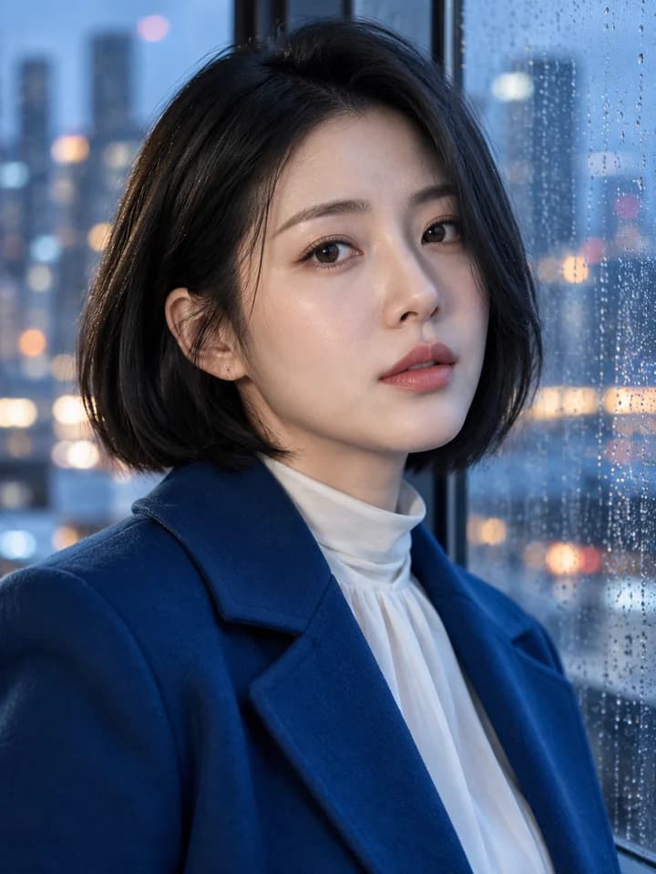 Adult East Asian woman with a dark bob in a sapphire coat by a rain-lit window