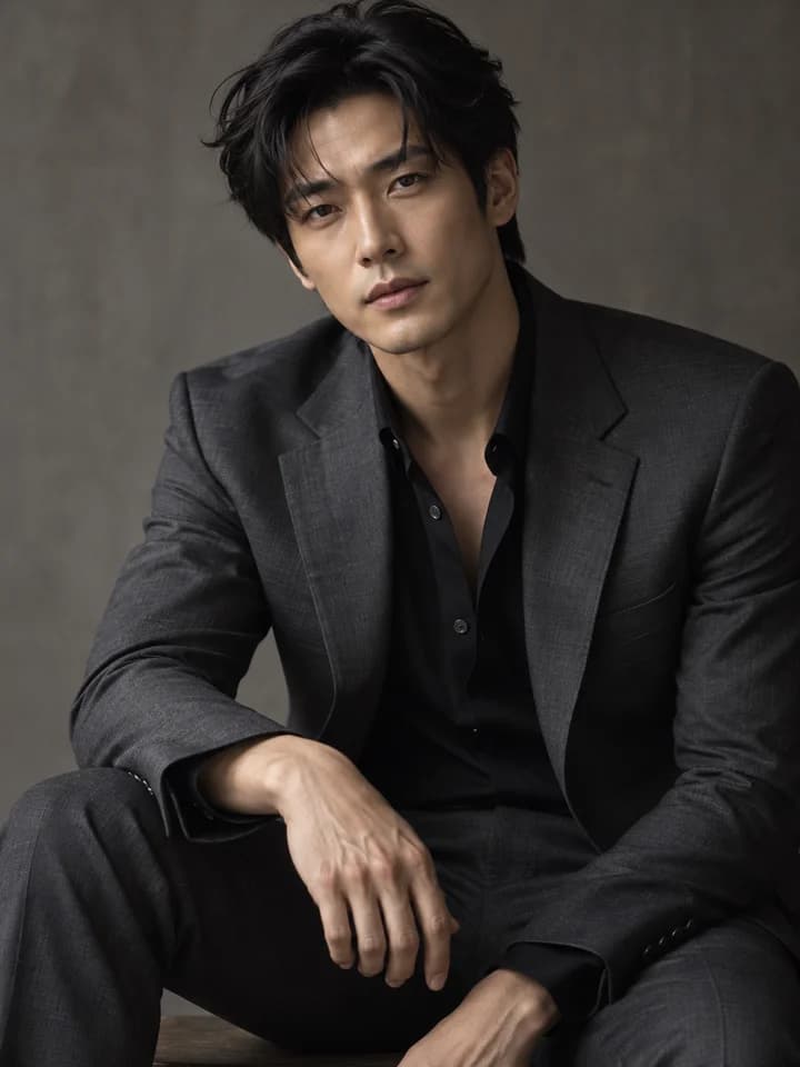 Adult East Asian man in a charcoal suit in a minimalist studio