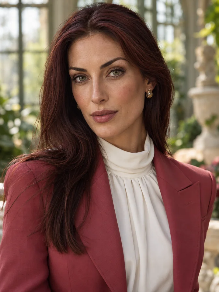 Adult woman with auburn hair and green eyes in a rose jacket in a conservatory