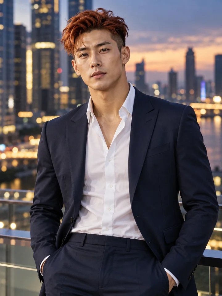Adult East Asian man with a copper undercut wearing a midnight-blue suit