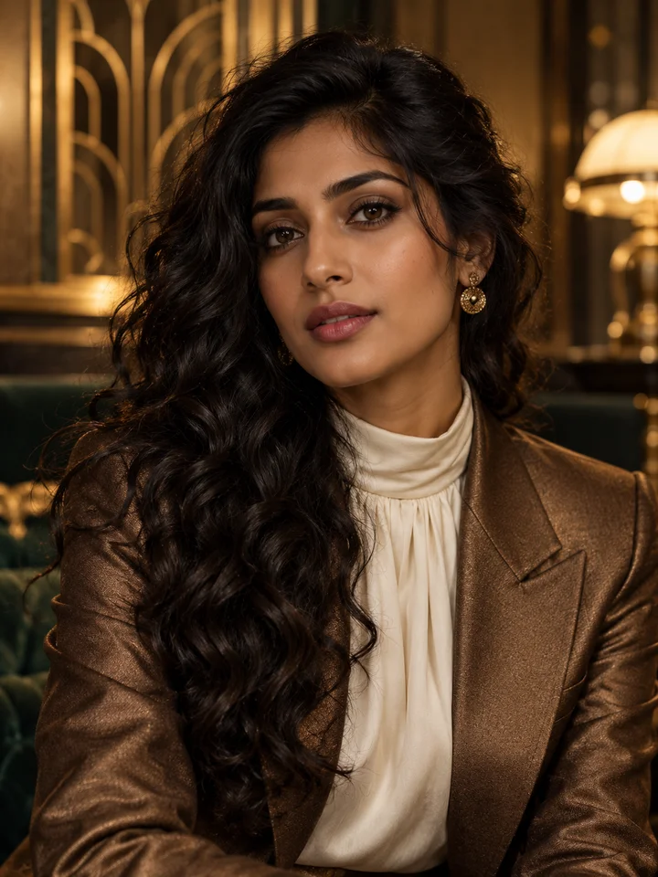 Adult South Asian woman in a bronze jacket in a warmly lit art deco lounge