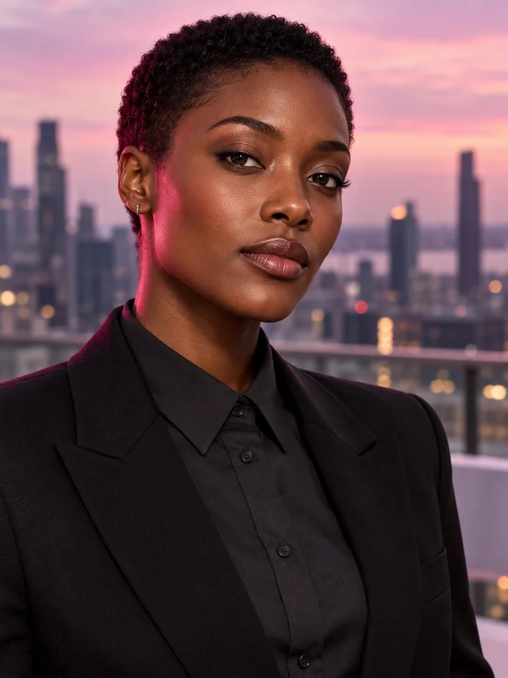 Adult Black woman with short natural hair in a tailored black blazer against a pink city skyline