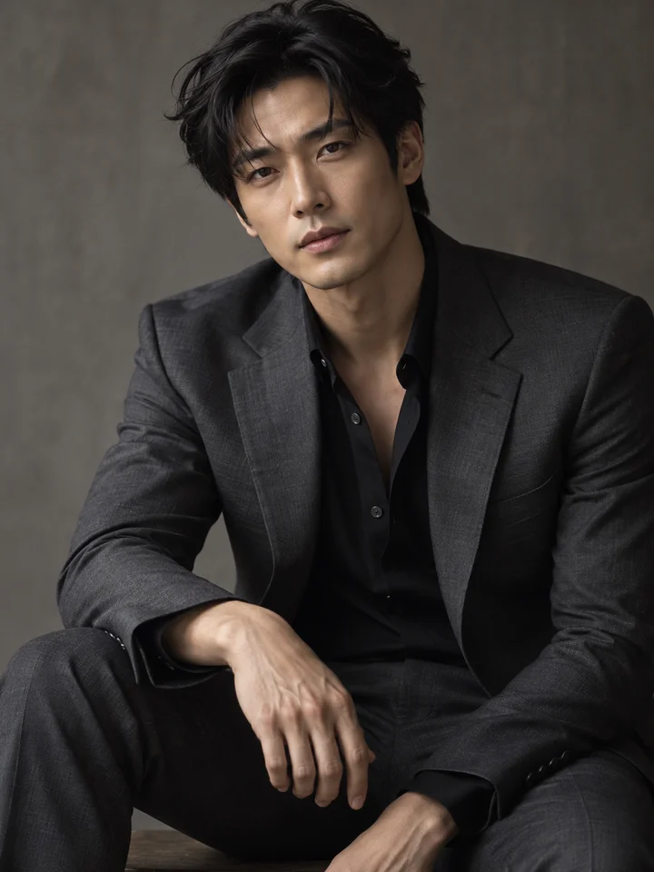 Adult East Asian man in a charcoal suit in a minimalist studio